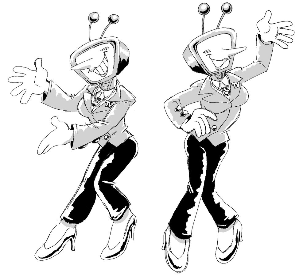 two drawings of tenna deltarune as a woman. she’s curvier and has a different cut of suit, a gold necklace instead of a tie, lipstick, and high heels, but otherwise looks fairly similar.