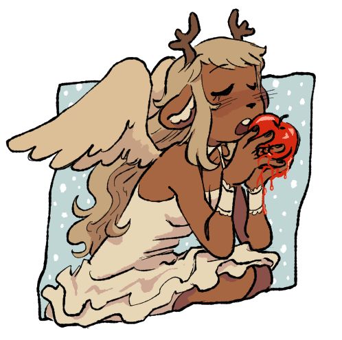 a drawing of noelle kneeling in a white dress with a tulle skirt, also wearing the thorn ring on one finger, with the image cut off below her knees. she has small white wings and is holding a bright red apple to her mouth, closing her eyes as she prepares to bite. bright blood drips from the surface of the apple and down noelle's hands.