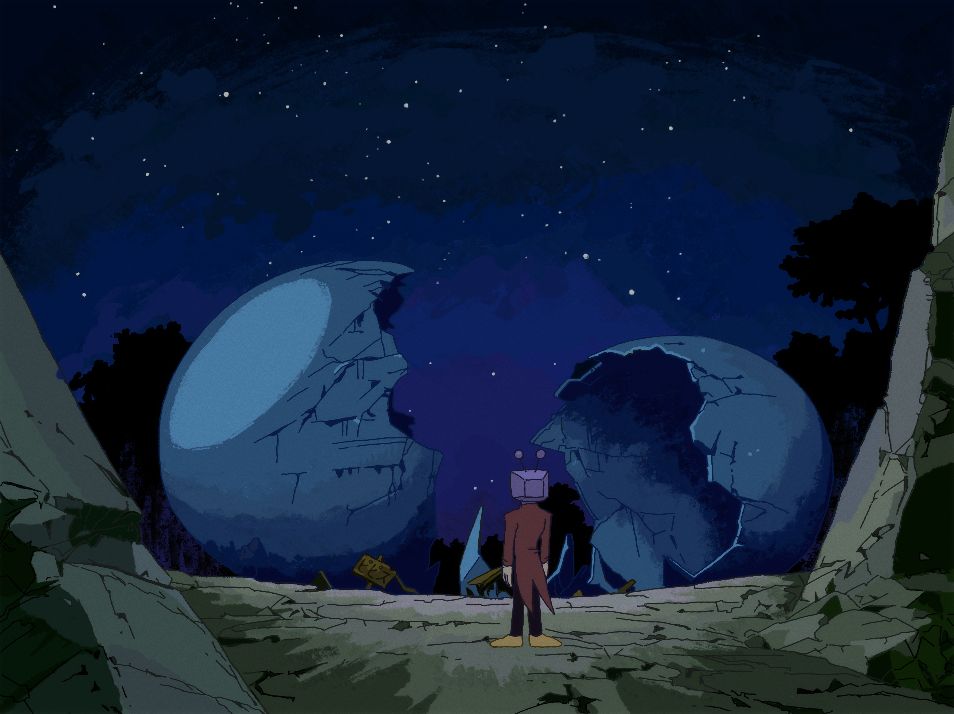 art redrawing a screenshot from revolutionary girl utena with deltarune characters. in this one, tenna is in place of nanami, and he is standing before a massive broken eggshell, colored blue.