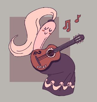 a drawing of marzipan serenely playing her guitar, carol.