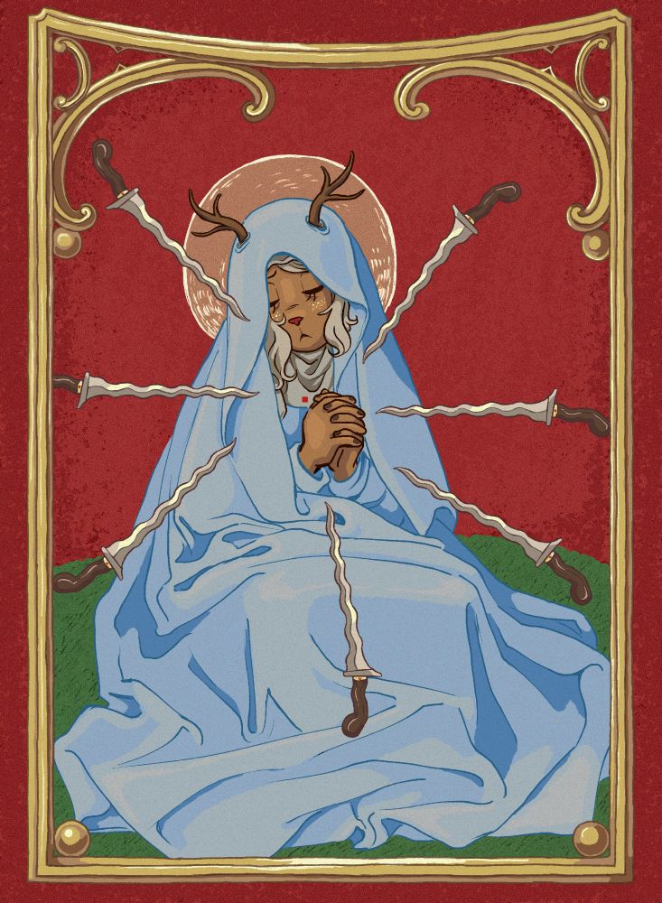 art of noelle holiday as the virgin mary, based on "the seven sorrows of the virgin" by simon bening