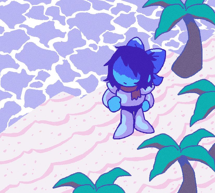 a drawing of kris’s little game avatar standing on the island location, surrounded by palm trees. they are wearing a large blue ribbon on their head.