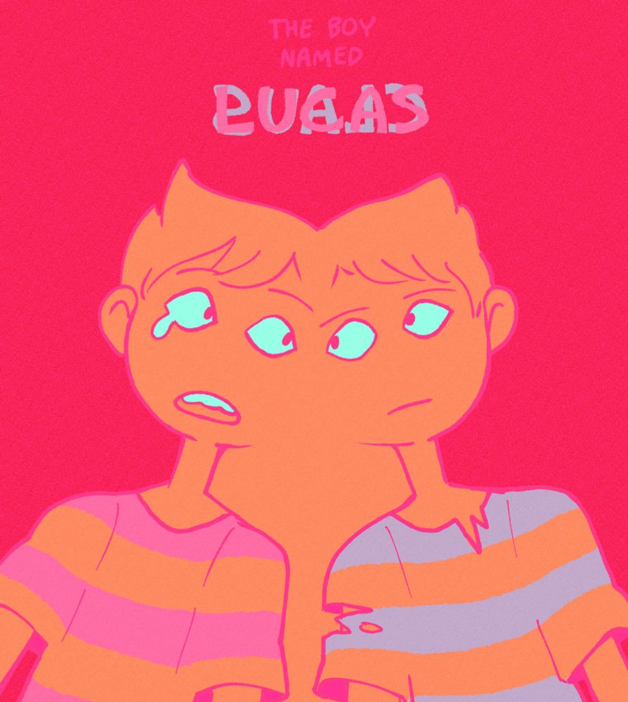 art of lucas and claus leaning into each other with their colors bleeding together. lucas has a tear emerging from one eye and claus's shirt is torn at his collar and sleeve. at the top, there is text that reads "THE BOY NAMED LUCAS" with "CLAUS" also written overlapped with "LUCAS", but written backwards.