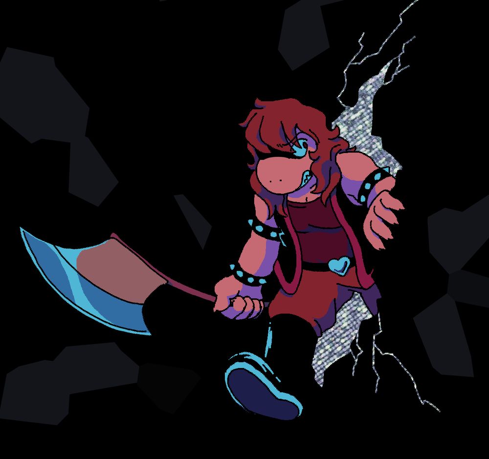 art of susie, her axe in hand, emerging from a crack in the darkness filled with static. susie looks apprehensive as she wanders into the unknown.