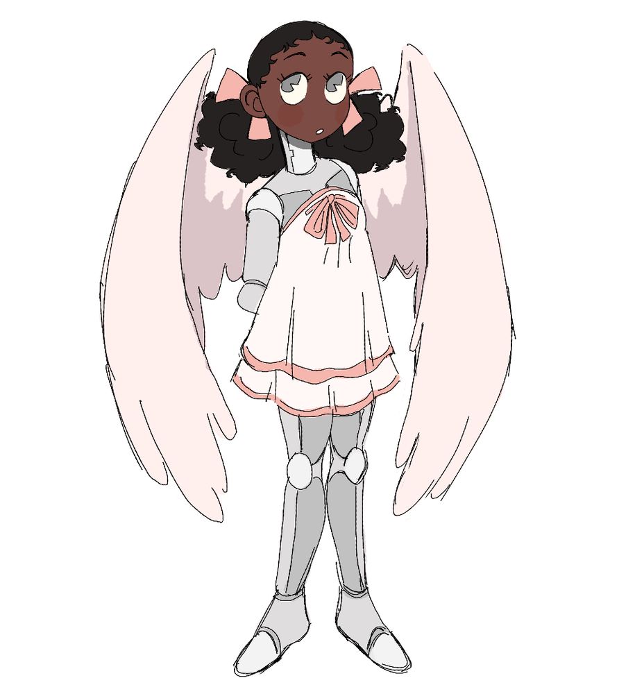 art of a character I made. she doesn’t have a name yet, but she’s a young robot girl with large angel wings attached to her back. she is black, with shining light grey eyes and curly black hair pulled into two bunches, tied with pink ribbon. her head is the only part of her that looks fully human, as the rest of her body that’s visible is grey and segmented, and her wings are a very pale pink. she is also wearing a short lacy white dress with pink accents.