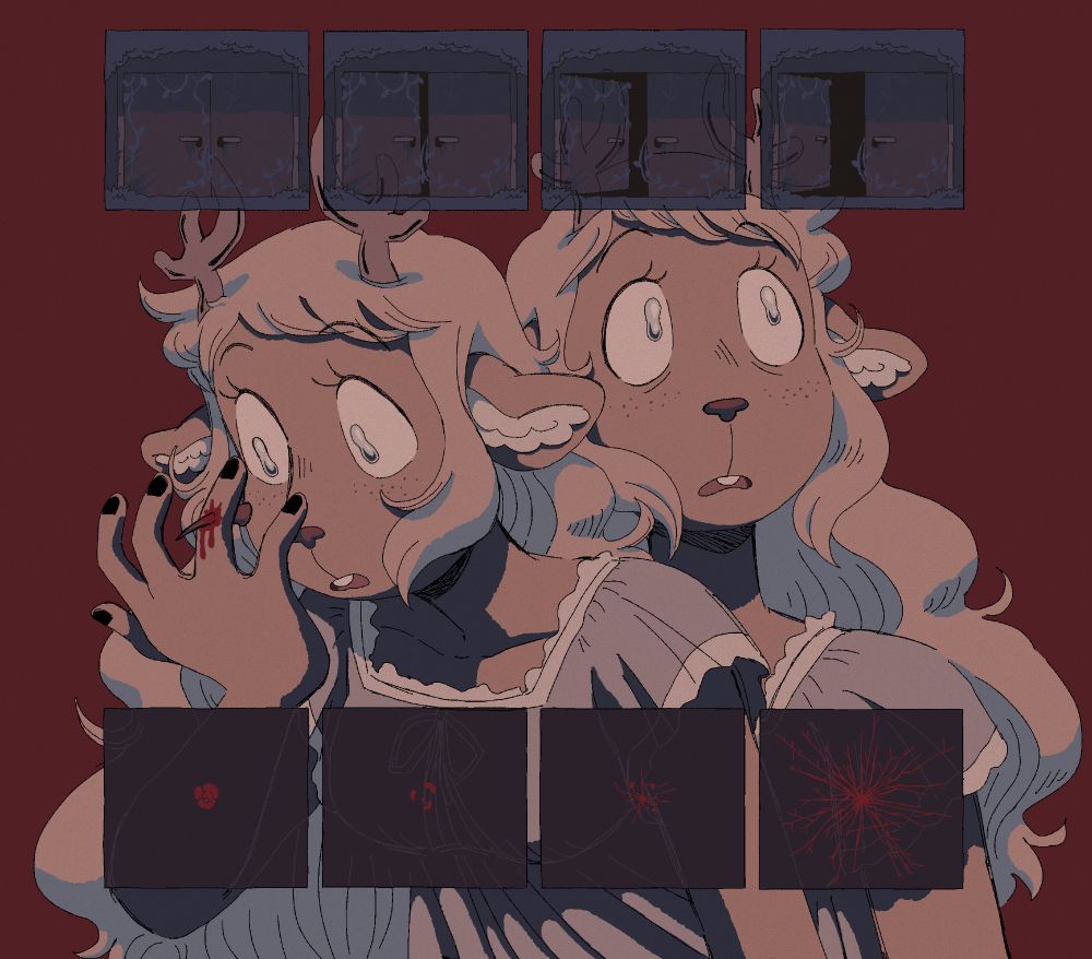 art of noelle holiday from deltarune. she is wearing a nightdress, and drawn twice, overlapping herself; first she is shown staring at her own hand, which has a large thorn pierced through the ring finger and bleeding. her eyes are wide and she looks like she can’t believe it. behind that noelle is another her, turning to stare into the distance, horrified. on the top and bottom, laid over noelle, are four panels each in a sequence. the first sequence shows the shelter, one door slowly creaking open. the second sequence shows the rose breaking apart and leaving a red speck, which then bursts into a shatter.