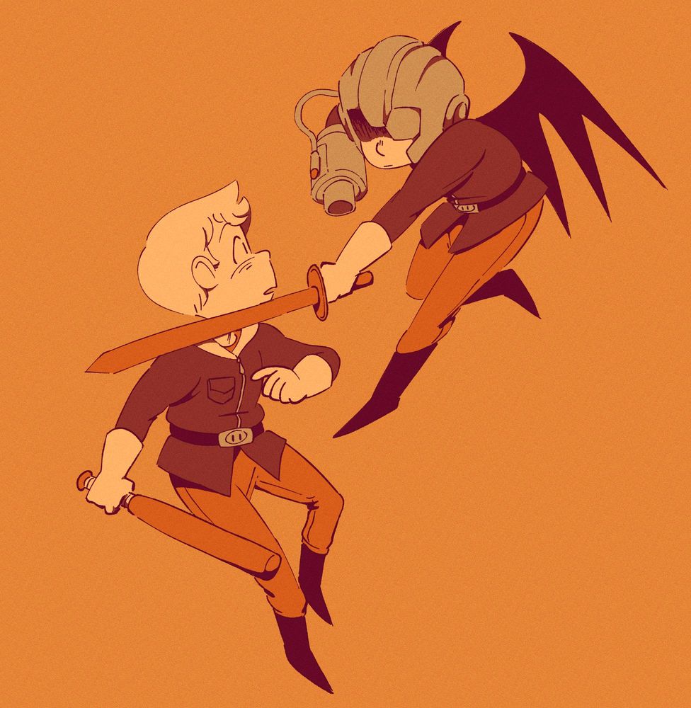 art of lucas, disguised as the commander, facing off against the masked man, the actual commander. lucas looks apprehensive, holding a stick (it's a bat) while the masked man swings his sword at him.