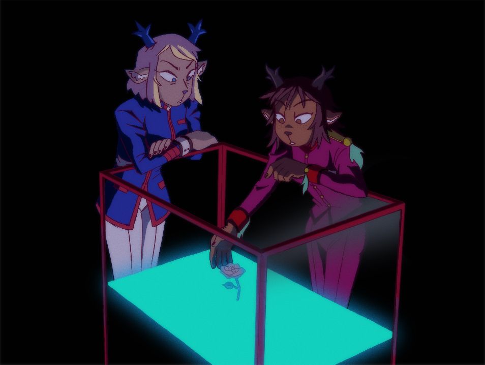 art redrawing a screenshot from revolutionary girl utena with deltarune characters. in this one, carol and dess are drawn in place of mikage and mamiya, and they are observing a rose in a glass case full of luminescent water.