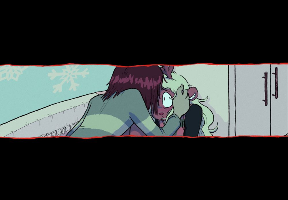 a drawing of noelle and kris in the weird route of deltarune chapter 4. the two are on the couch in noelle’s room, noelle leaning back and looking terrified as kris looms over her, stroking her hair with one hand. the scene is only visible through the middle section of the canvas, outlined in red- everything else is pitch black.
