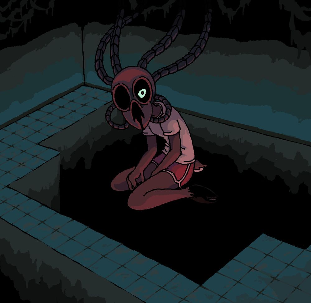 art of a mysterious character (it's dess) floating in the center of a pit in undertale's true laboratory. she is wearing a mask that looks like the DT extraction machine, with one bright eye visible and staring at the viewer.