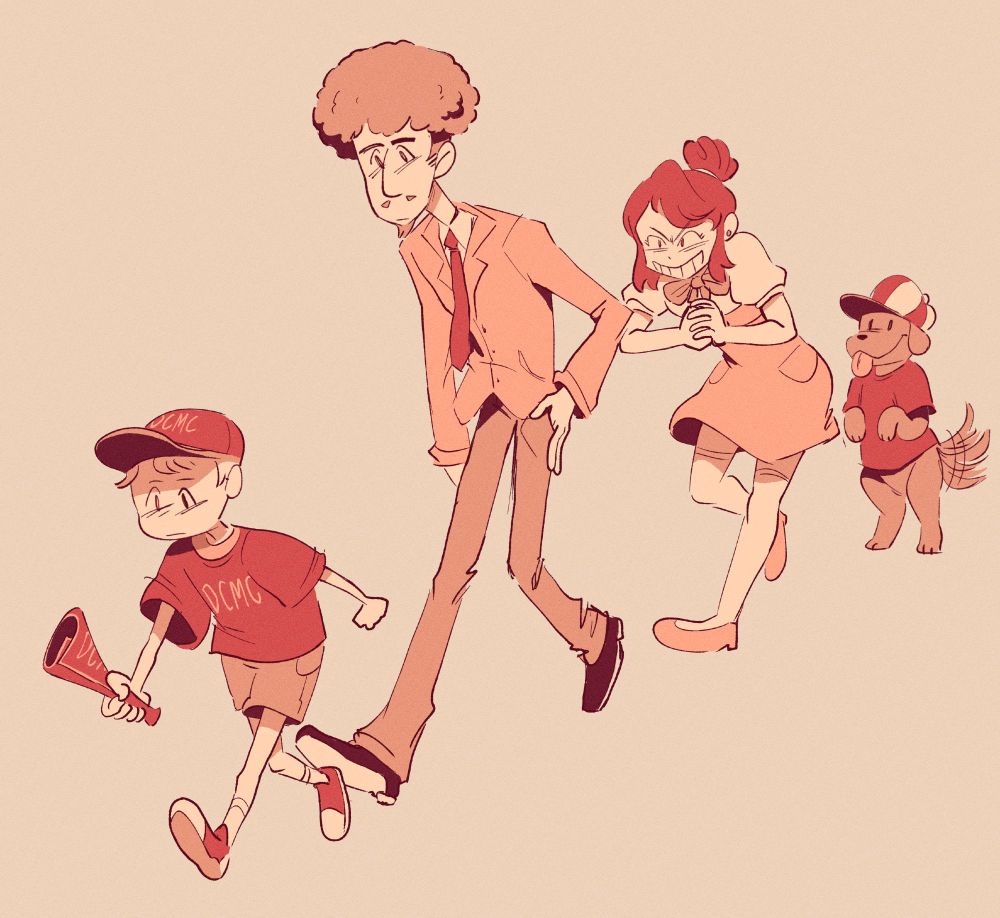 a drawing of the mother 3 main party as they appear in chapter 4. lucas is decked out in DCMC merch and wielding a pamphlet, duster is dressed as his "lucky" persona, kumatora is in her "violet" disguise (and looks eager to punch something), and there's some dog-looking dude in the back (that's boney). the group is marching forward in a line.