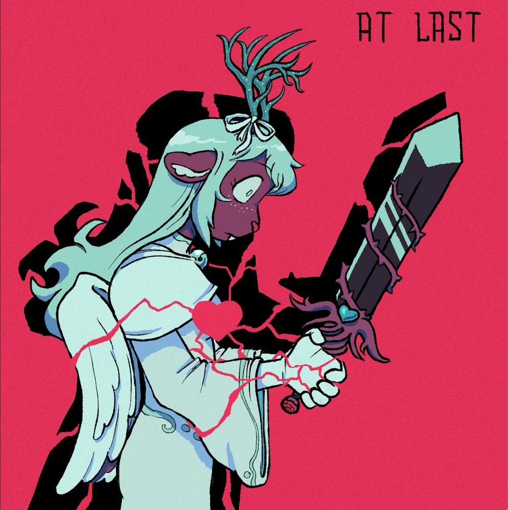 a drawing of noelle from deltarune wearing a slightly more ornate outfit than normal, with angel wings sprouting from her back and a ribbon tied around one of her antlers, which have become long, sharp, and icy. she is also clutching a sword, and her expression is wide-eyed and blank. behind her is a silhouette of “the girl” in the prophecy, and cracks are spreading inward from the background, partially surrounding noelle’s hands and arms and coming together in a heart at her center. in the top right corner are the words “AT LAST”.
