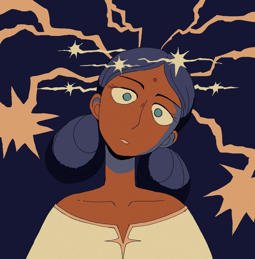another drawing of lalah. this one is just a headshot, and she is staring at the viewer with wide eyes and a detached but determined expression, her head cocked to one side. bursts of yellow energy are being shot from her head.