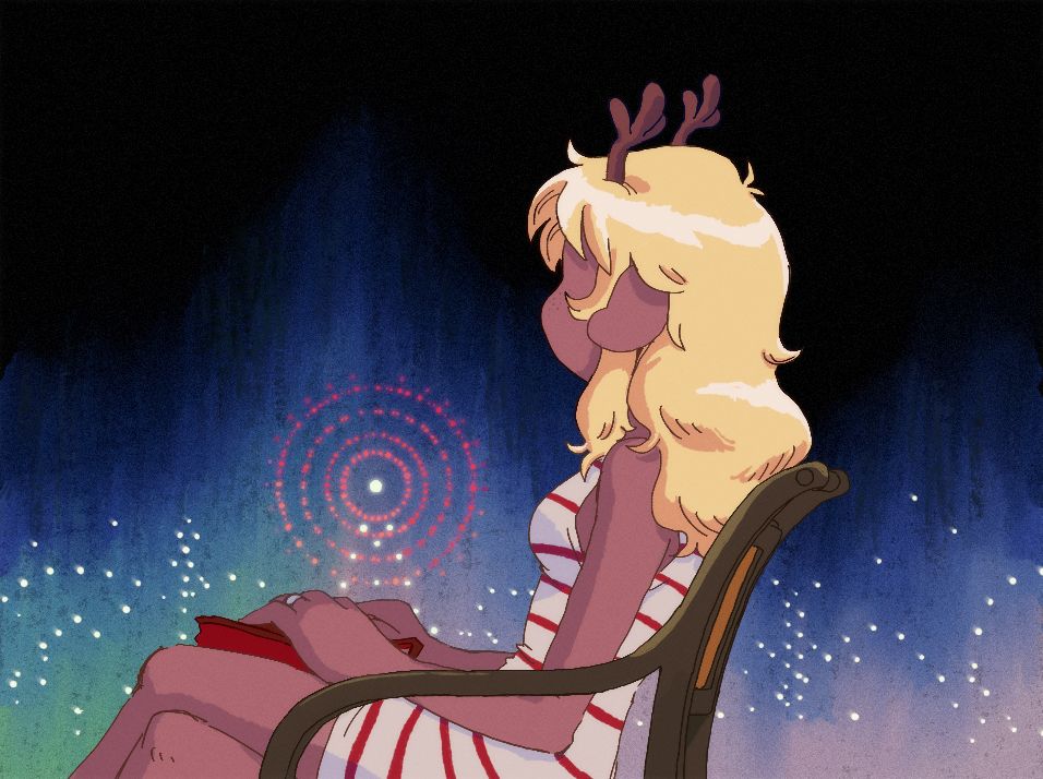 art redrawing a screenshot from revolutionary girl utena with deltarune characters. in this one, noelle is in place of utena, and she is sitting in a chair and wearing a slim white dress with red stripes while she gazes at the lights of a ferris wheel in the distance.