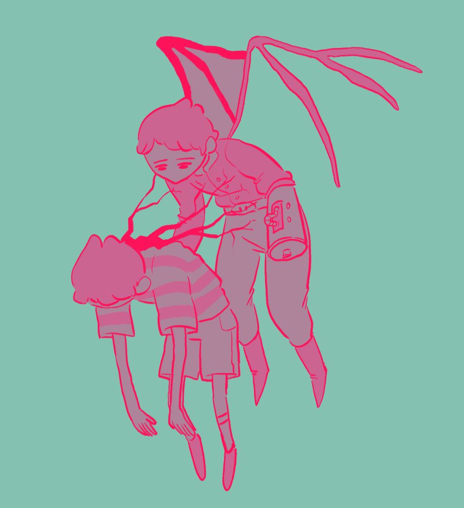 art of claus from mother 3 appearing to have emerged as the masked man from his previous body like a cocoon, though still connected by veins.
