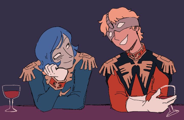 garma and char drinking wine together. char is speaking and smiling, and garma is resting his head on his hand and gazing at char.