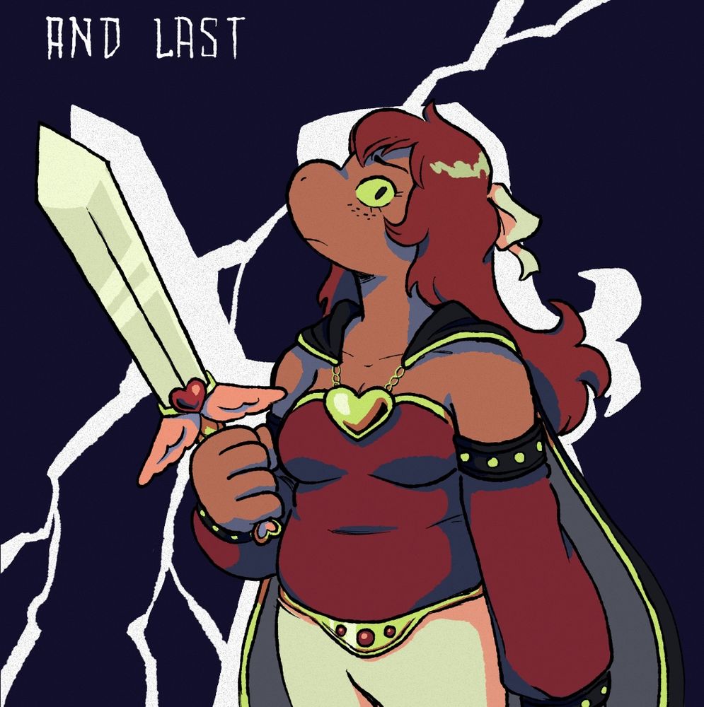 a drawing of susie from deltarune in orange lighting, holding a sword and wearing a slightly more feminine outfit than normal, with a ribbon in her hair. a golden heart rests at the center of her breast. she doesnt look very happy. behind her is the silhouette of “the girl” in the prophecy, with cracks spreading outward. in the top left corner are the words “AND LAST”.