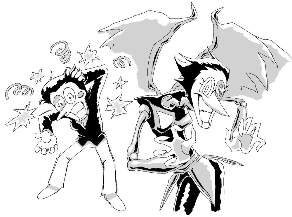 two more drawings of spamton, one as her puppet self and one as NEO. as a puppet she’s clutching her head as sparks and swirls surround her, and as NEO she looks menacing and has spirals in her eyes.