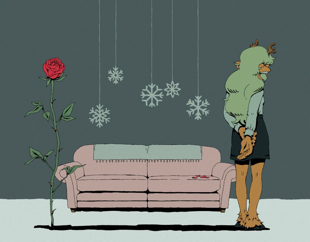art of noelle holiday from deltarune. she is standing with her back to the camera, looking slightly off to the right, with her hands held behind her back. she is casting a long shadow, which she shares with a very tall rose on the other side of the canvas. in between noelle and the rose is the pink couch from noelle’s room, with a scatter of rose petals lying where noelle would have sat in her conversation with kris.