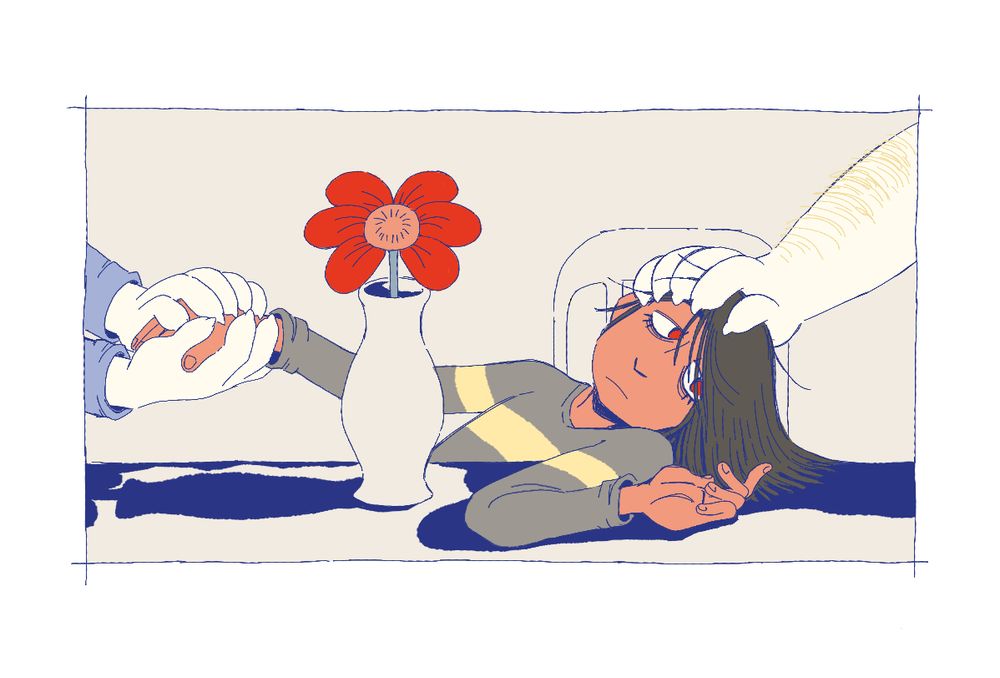 illustration of kris dreemurr lying back on a table, staring into nothing. from the left, toriel's hands come into frame to hold kris's limp hand, and from the left, one of asgore's hands comes in to pat kris's head. next to kris on the table is a vase with a single flowey-shaped flower the same bright red as kris's eyes.
