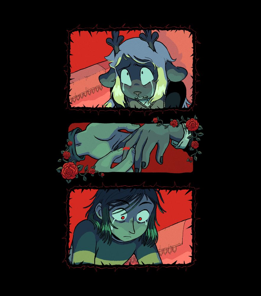 another angle of the same scene. this shows three panels- the first shows noelle seen from above, shrinking into herself and crying. the middle panel shows kris’s hand forcing the thorn ring (bright red) onto noelle’s finger, and the outline is framed by roses. the third panel shows kris from noelle’s perspective below them, eyes wide and also crying.