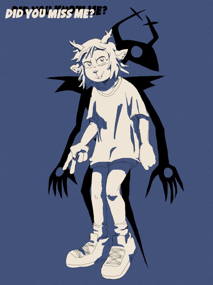 a drawing of dess casually giving a peace sign to the viewer and smiling. behind her is a rough silhouette of the roaring knight. in the upper left corner are the words “DID YOU MISS ME?” behind that is black text that reads “DID YOU KNOW ME?”