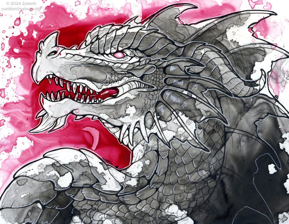Black and red india ink painting of a red dragon from Dungeons & Dragons snarling