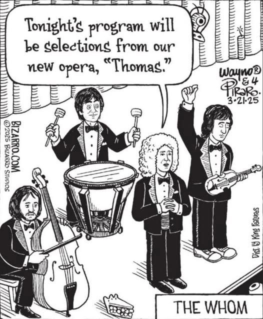 Cartoon of a classical quartet "The Whom" performing their opera entitled "Thomas."