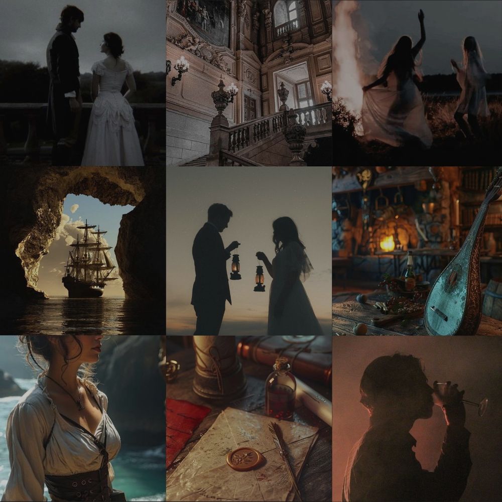 mood board for #BEDUÄFAN - a new romantic fantasy by j sydney morris
photos include dark imagery of victorian era men and women drinking, dancing around fires, sailboats in secluded coves, candlelit trysts, taverns and pirate women