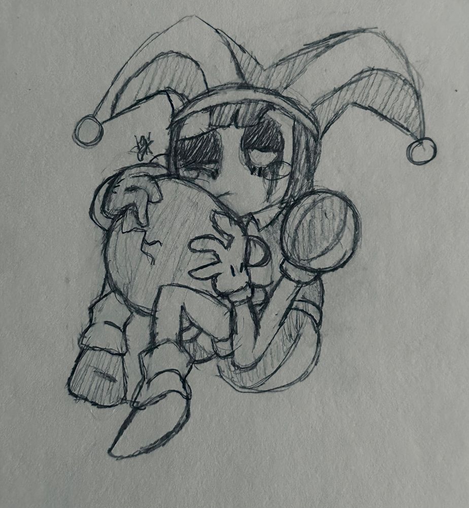 pomni from the amazing digital circus holding onto a large sphere that is cracked with teary eyes