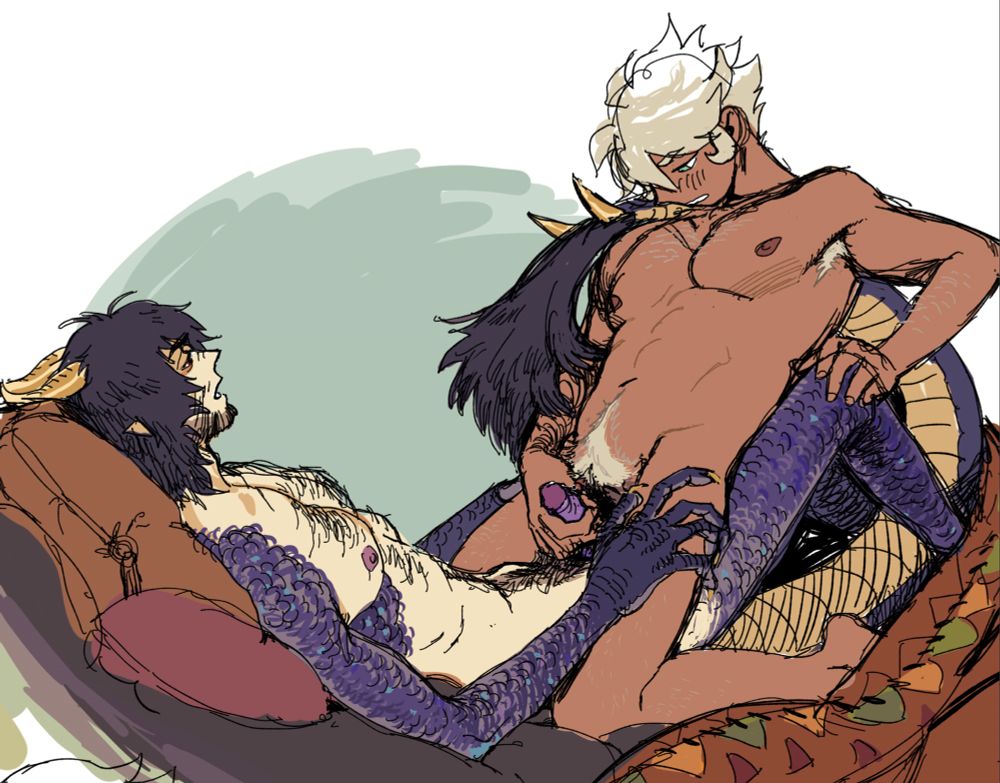 dragon man laying back, other guy jacking him off while sitting on his lap