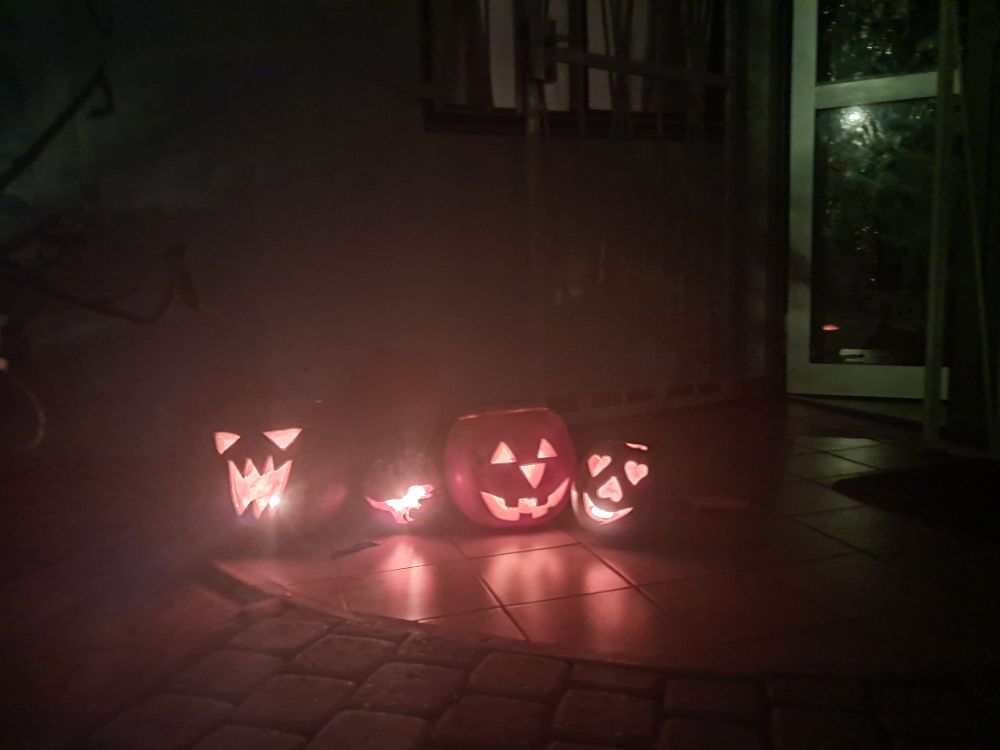 Quatre citrouilles décorées pour Halloween.