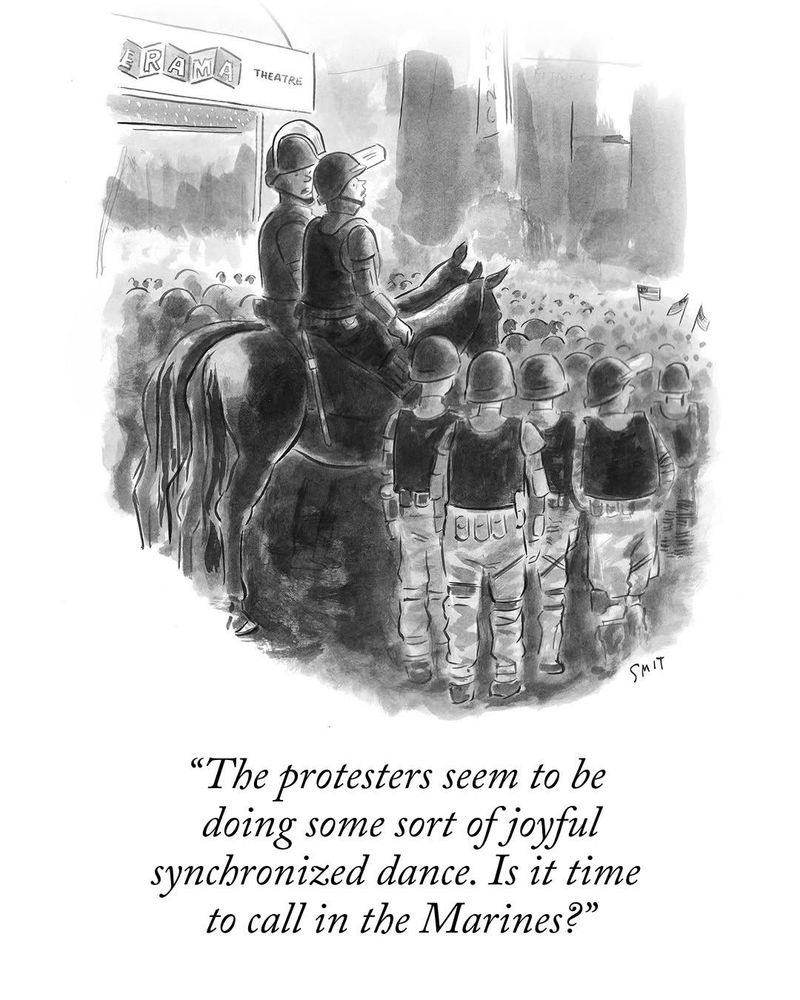 Two guards on horseback look out at a crowd and one says, 