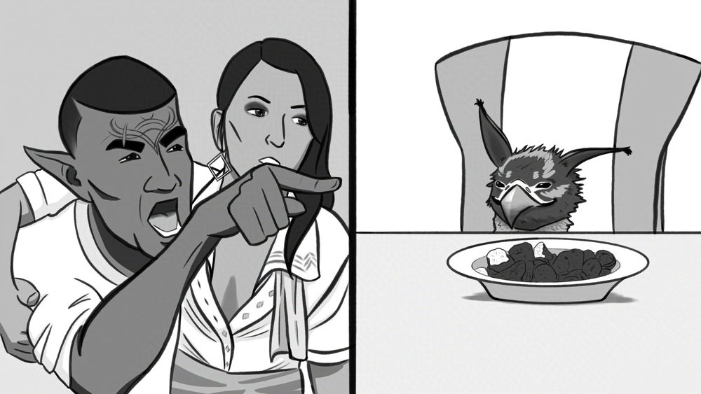 Redraw of a popular meme. The whole image is bloody and white cause i couldn't care less about a funny drawing. On the left there is Davrin yelling and pointing his finger, embraced by a slightly tired Neve. On the right panel there is insolent Assan with squinted eyes and a smile. You can see only his head above the table. In front of him there's a plate full of gingerworth truffles.