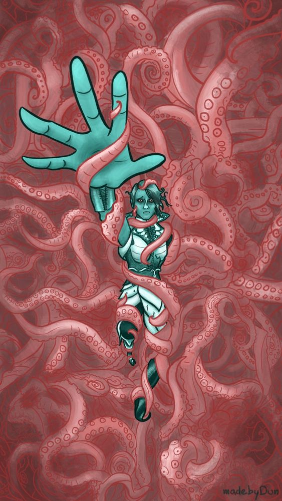 Neve Gallus is in the center of the picture, all painted in various shades of teal (with a bit of white and black). She's drowning in a mass of red-ish tentacles, some of which are curling around her. She reaches her right hand desperately towards the viewer but even this hand is being slowly wrapped in a tentacle. Her face is one of terror and her eyes are strongly bloodshot.