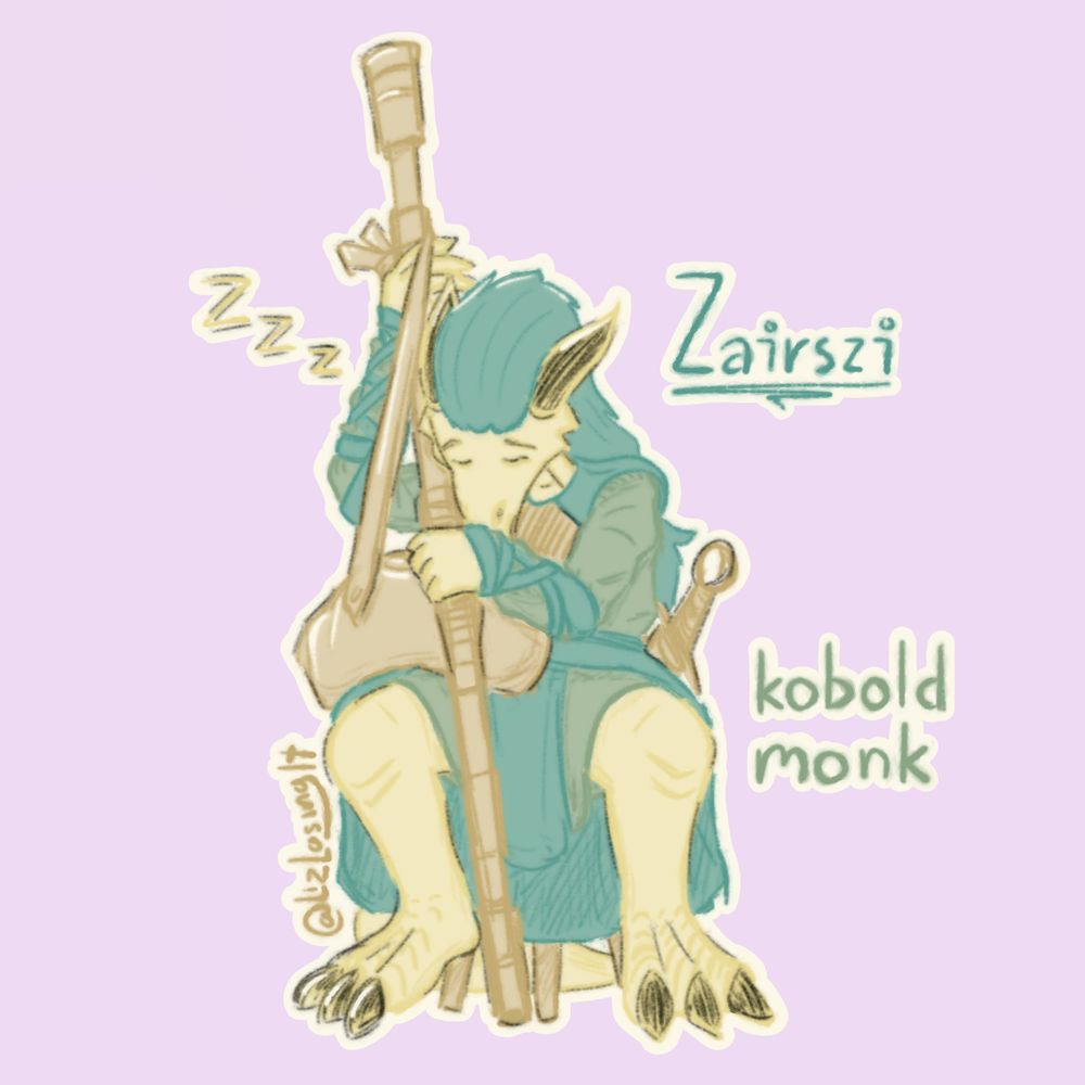 Drawing Zairszi,a kobold from Dungeons & Dragons. The scales are a pale yellow and the horns grey. She is wearing clothes made out of blue and green fabrics with some leather highlights. She is resting whilst seated, using her wooden quarterstaff to support her and her bags. Her name as well as her race and class, "kobold monk", are written on the right. The background is a very pale purple.