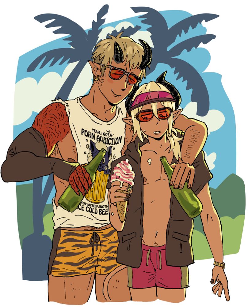 izek and valentine in a beach setting, valentines has a melting ice cream and izek has 2 (two) beers