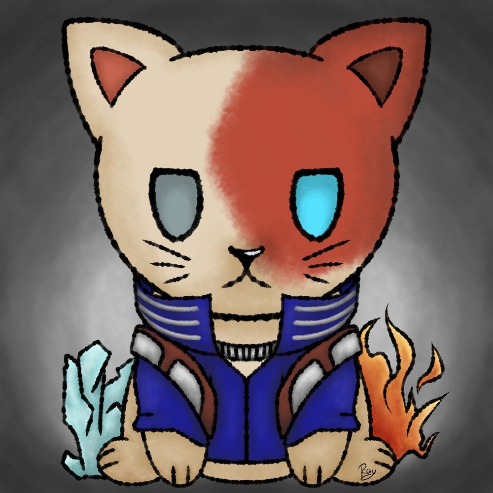 Digital drawing of a beige cat with a red spot over it's right eye and ear. Resembling Shoto Todoroki from my hero academia. It's wearing his blue hero uniform and has fire on His right and blocks of ice on his left