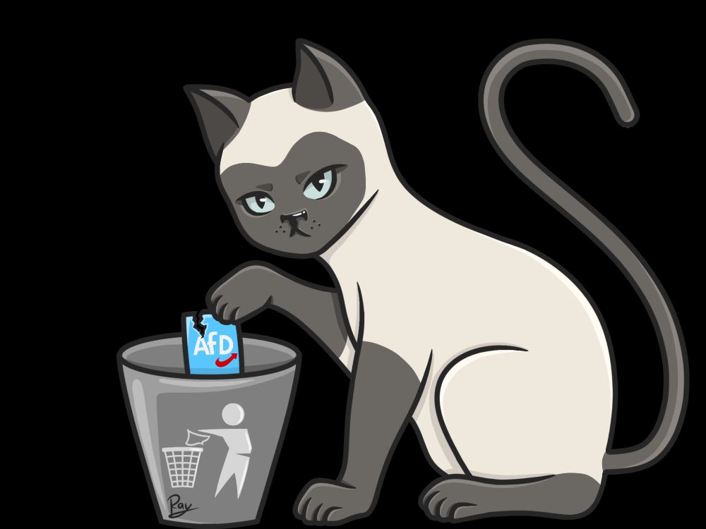 Digitale Zeichnung einer beigen und bräunlich-grauen Katze, welche einen eingerissenen AfD Flyer in einen Mülleimer schmeißt
