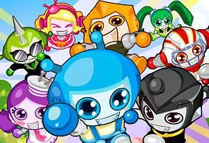 All 8 characters from web pc game "Bomb It 7". They're little robot dudes in the colours of blue, purple, black, orange, pink with blond hair, one green punk dude and one green pixie girl, and a jock robot in red.