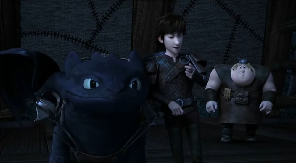 Hiccup slightly smiling and  inspecting his nails, leaning with his elbow on Toothless. Behind him stands Fishlegs, observing.