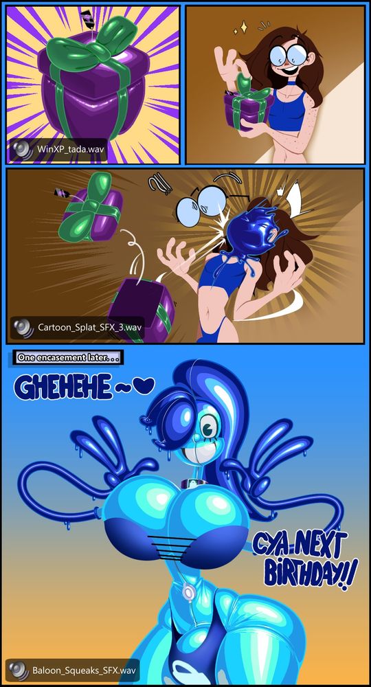 The Funny Nerd™ and Blue Spinel™, both Spur_'s character in a comic panel.

The tag on the gift box bears the icon of Saffy the Witch, presumably the one who provided The Nerd with the suit.

The suit itself leaps out from the box and clings to The Nerd, gradually encasing his whole body until the suit is fully formed.