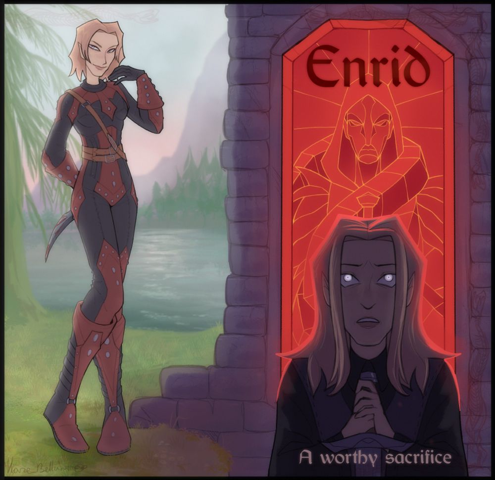 On the left is a Breton woman with blonde hair wearing Dark Brotherhood armor against the backdrop of nature. On the right is also her, but younger, against a red stained glass window depicting Boethiah. There is also text on the right: "Enrid" (character name) and "a worthy sacrifice".