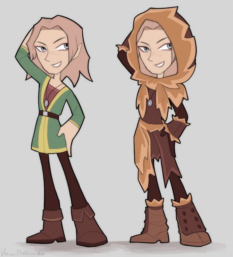 Enrid in two outfits - casual on the left and fur armor on the right