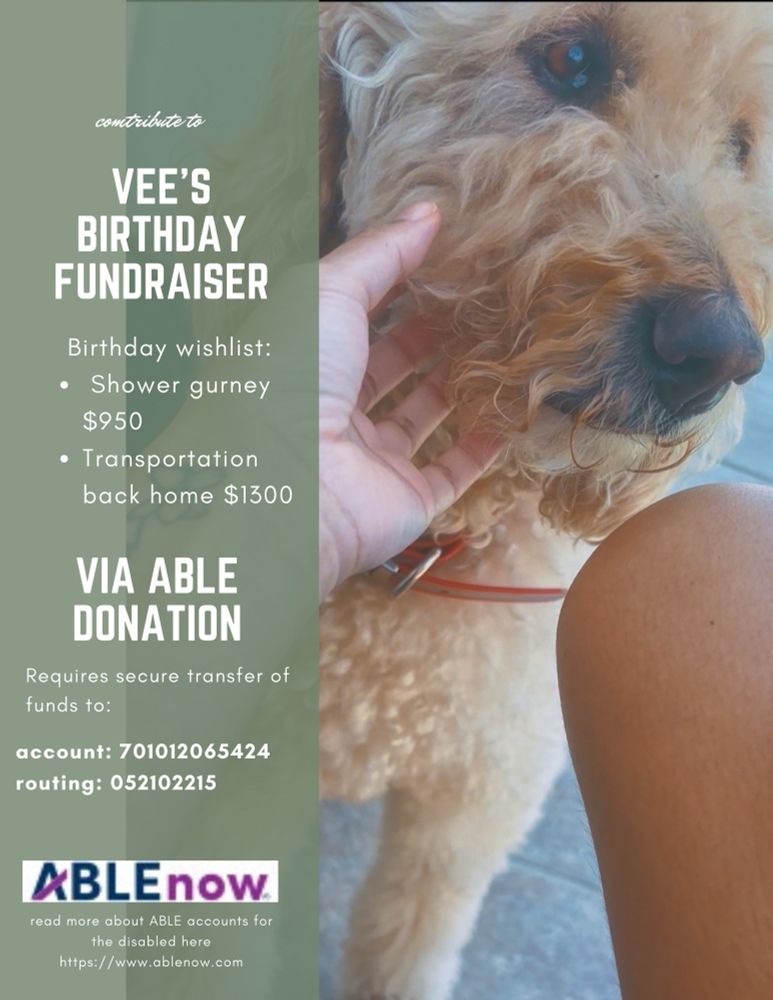 VEE'S
BIRTHDAY FUNDRAISER
Birthday wishlist:
• Shower gurney
$950
• Transportation back home $1300
VIA ABLE DONATION
Requires secure transfer of funds to:
account: 701012065424
routing: 052102215
XBLEnow.
read more about ABLE accounts for the disabled here
https://www.ablenow.com