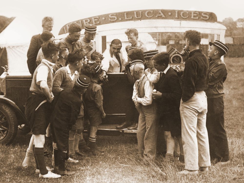 Three separate images. Bessie Watson is a young girl wearing a tartan dress and a sash with the words Votes for Women plays the bagpipes, stencil portrait of Malvina Wells, a group eating or waiting for ice creams gathers around a Pure Luca Ices van.