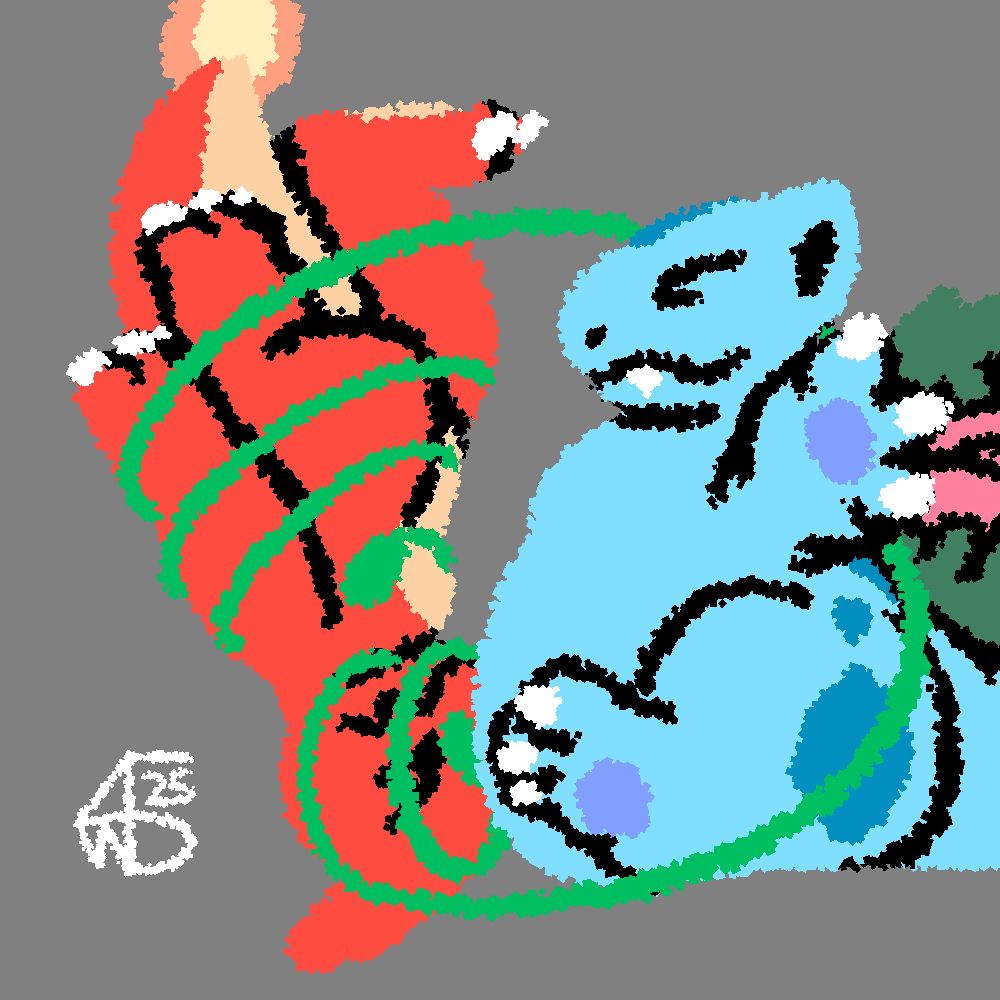 Semi-lineless doodle of a fat Ivysaur sitting with closed excited eyes and its arms out, using its plant vines to wrap a Charmeleon upside-down with its arms on its back and its face squished on the Ivysaur’s belly.