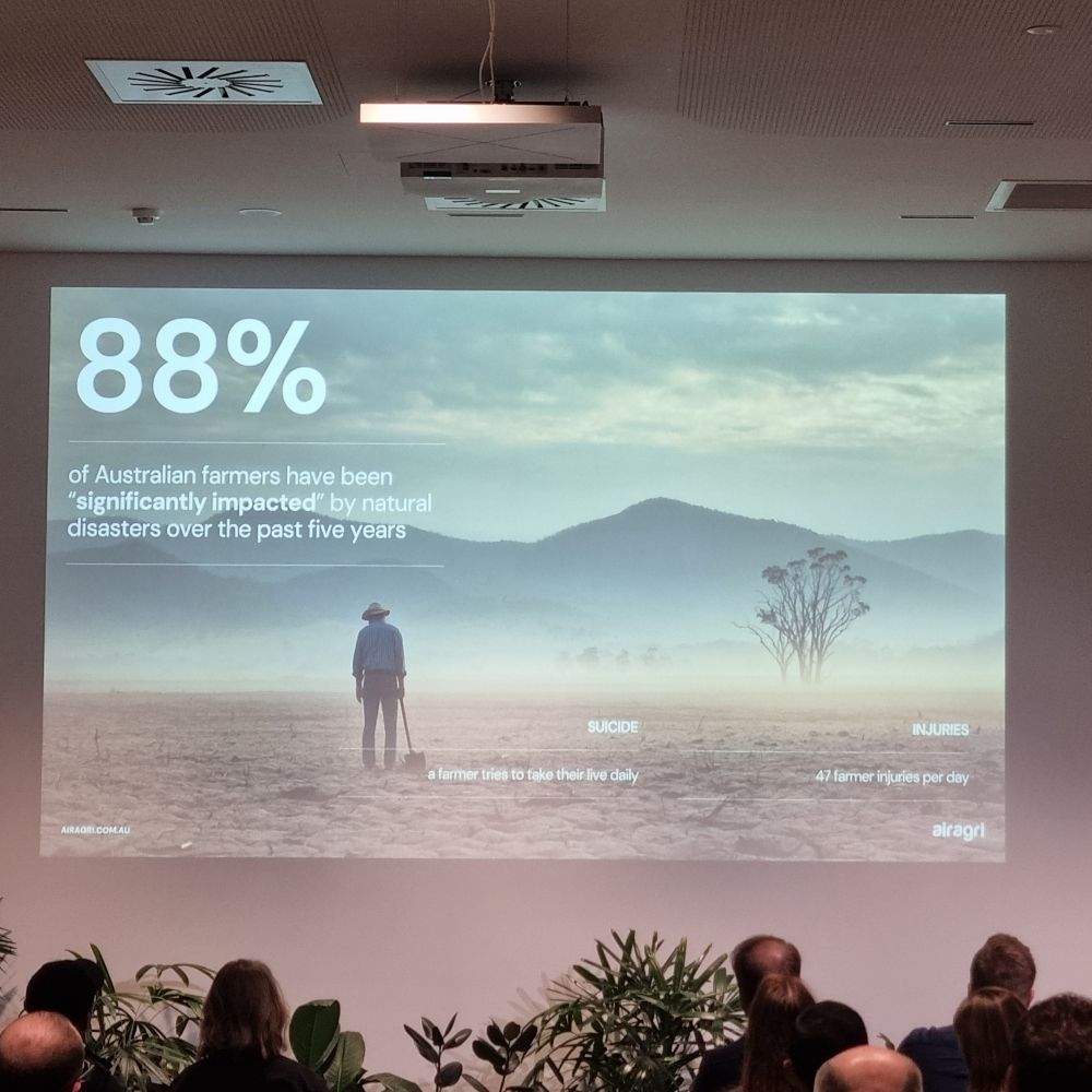A slide with a photo of a farmer from behind, standing in a dusty field, with the text "88% of Australian farmers have been "significantly impacted" by natural disasters over the past five years."