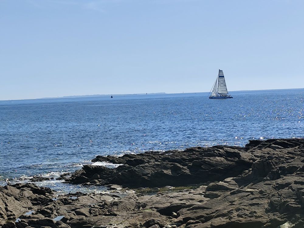 Vue d'un catamaran sous le ciel bleu et le soleil sur l'océan  et les rochers de la côte sauvage de Quiberon .