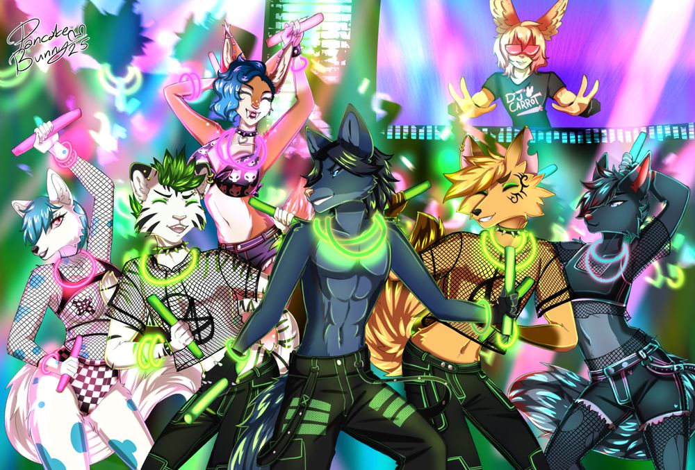 A furry rave piece of a group of furries dancing. In the center is a male blue wolf sona who is topless wearing black and green pants and fingerless gloves. On his right side is a male brown fox, he is also wearing green and black pants but he is wearing a fishnet top. On the right side is a green haired tiger wearing a matching outfit to the fox.
On the far right is a black and red femboy wolf, wearing black and pink with blue shorts and a sports bra.
On the far left is a white wolf girl with short blue hair. She is wearing a small black tanktop that does not cover properly, but everything is still covered with an checkered X and fishnets. She is wearing black and white checkered short shorts.
In the back on the left side is a saber toothed lynx girl. She is wearing black short shorts and a short top.
In the background on the right side is a peach colored bunny with pink huge sunglasses and is wearing a black shirt that says DJ CARROT. He is in a DJ booth with a big speaker.
Everyone has a lot of glow sticks.